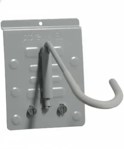 A gray metal wall-mounted storage hook with a flat base and two screws, designed for holding tools or equipment. Closet Concepts of Grand Rapids