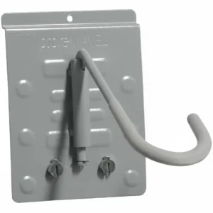 A gray metal wall-mounted storage hook with a flat base and two screws, designed for holding tools or equipment. Closet Concepts of Grand Rapids