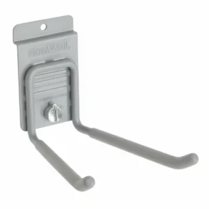 A gray wall-mounted storage hook with two horizontal prongs and a rectangular base featuring a screw and the "Flow Wall" brand logo. Closet Concepts of Grand Rapids