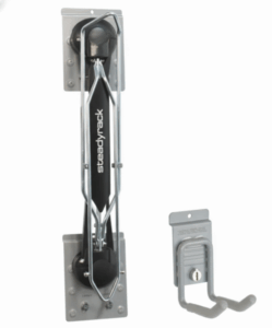 Two wall-mounted bike storage racks: one vertical rack with "Steadyrack" branding and one smaller gray hook rack with a lock. Closet Concepts of Grand Rapids