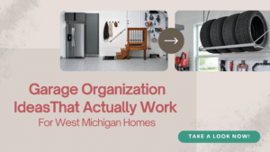 Garage interior with organized storage, including a refrigerator, mounted pegboard, shelves, and a ceiling rack holding tires—showcasing smart garage organization ideas for West Michigan homes. Closet Concepts of Grand Rapids