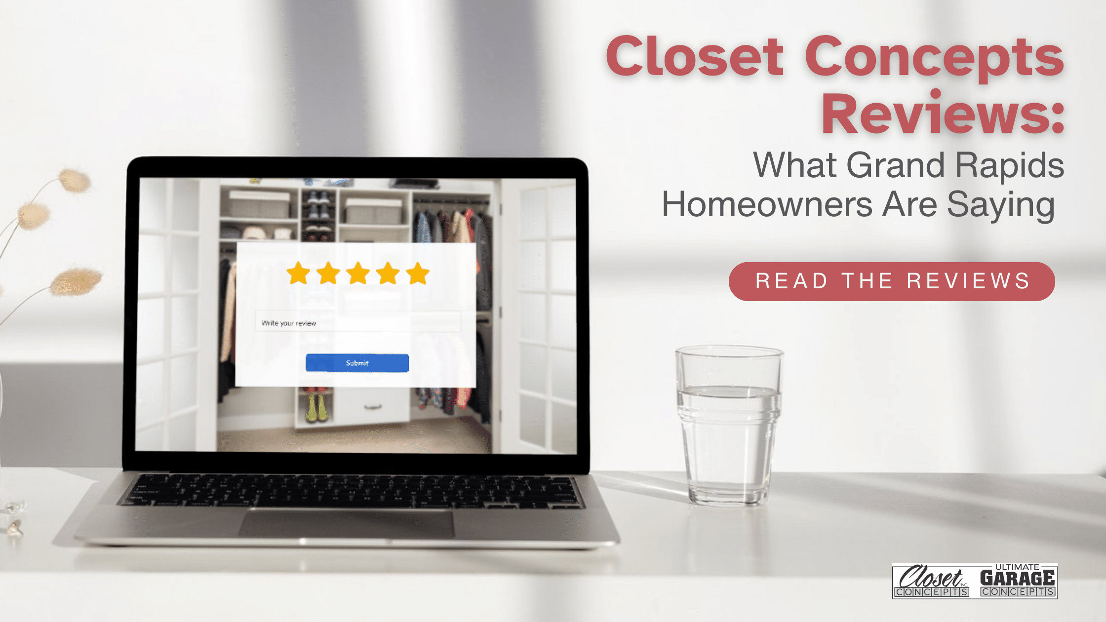 Laptop with words" Closet Concept Reviews" and 5 yellow stars