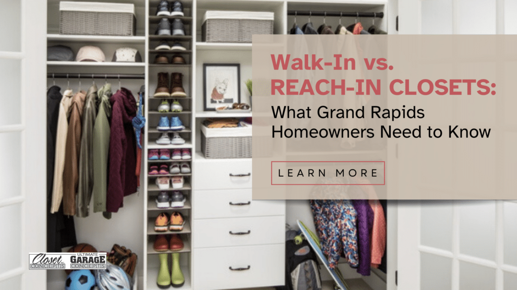 Custom reach-in closet with shelving, drawers, and hanging rods designed by Closet Concepts of Grand Rapids