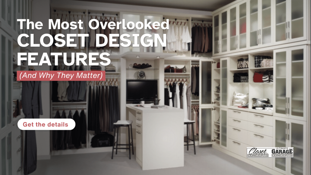 A modern, organized walk-in closet with shelves, hanging rods, a center island, and glass cabinet doors showcases stylish closet design. A TV and neutral decor complete the look. Text overlay highlights key closet design features. Closet Concepts of Grand Rapids