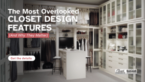 A modern, organized walk-in closet with shelves, hanging rods, a center island, and glass cabinet doors showcases stylish closet design. A TV and neutral decor complete the look. Text overlay highlights key closet design features. Closet Concepts of Grand Rapids