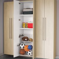 garage cabinets with wire slide out baskets and shelves