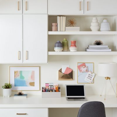workdesk with drawers, shelves and cabinets