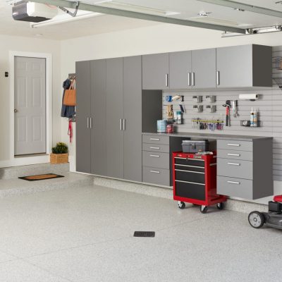 Garage cabinets, shelves, drawers, slat wall and workspace