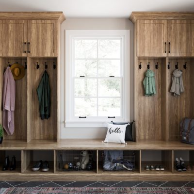 bench with shelves, cabinets and hooks